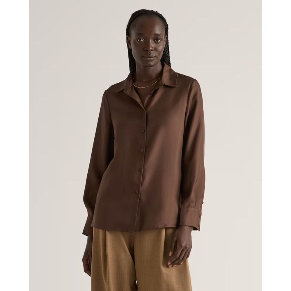 Quince Chocolate Brown Satin Button-Down Blouse